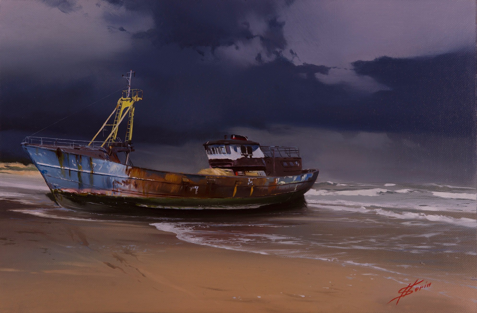 Old fishing-boat, oil on canvas and cardboard, 9.44x13.7in (240x350mm), 2021